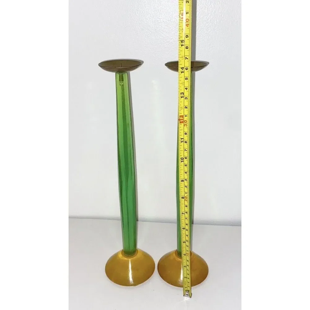 MCM Vintage Green and Yellow Tall Candlestick Holders Brushed Acrylic